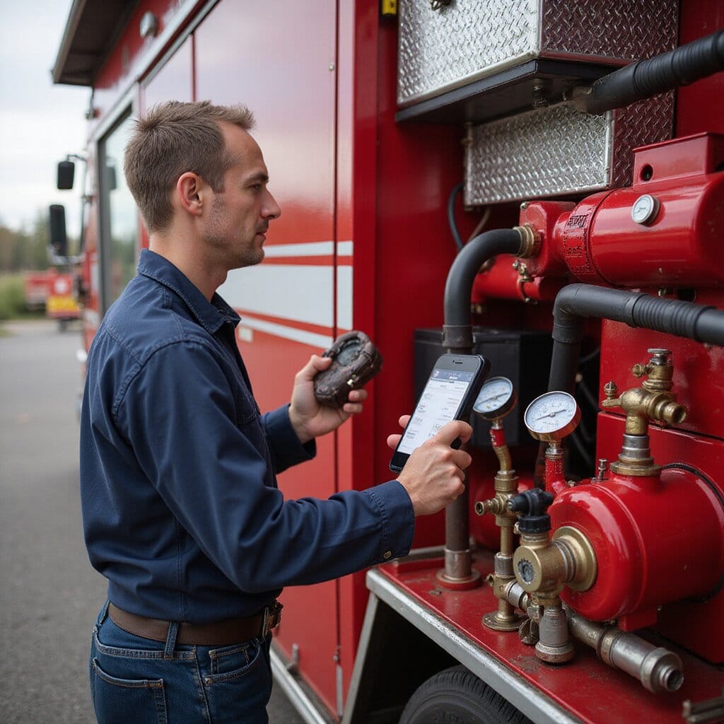 Technician in safety gear monitoring pressure gauges on a red mobile fire pump connected to hoses during a performance test compliance pump testing certification pump testing efficiency fire pump fire pump performance test compliance efficiency inspection inspection compliance water supply efficiency performance test compliance reliability nfpa performance test inspection reliability water supply vacuum inspection pump testing pump testing fire pump performance test nfpa 72 fire pump compliance inspection pump testing pump testing fire apparatus compliance pump testing fire pump fire pump water supply efficiency reliability nfpa water supply pump testing inspection nfpa 72 visual inspection fire pump nfpa pressure compliance nfpa nfpa 72 ul fire pumps reliability fire pump pump testing pump testing