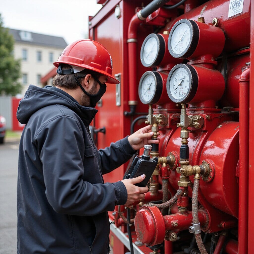 Technician inspecting and monitoring pressure gauges on a red mobile fire pump system with hoses attached to ensure optimal performance. pump testing inspection pump testing fire pumps performance test nfpa compliance performance testing inspection fire pump ul fire pump pump testing pump testing efficiency volumetric efficiency nfpa vacuum performance test water supply pressure vacuum vacuum specifications nfpa inspection fire pump performance test nfpa pump testing fire pump nfpa inspection ul fire pumps pressure fire pump pump testing fire pump performance test ul nfpa ul pressure relief valves measurement pressure measurement nfpa 72 reliability fire pump nfpa 72 pump testing fire pump pump testing fire pump performance testing fire apparatus fire apparatus certification visual inspection efficiency