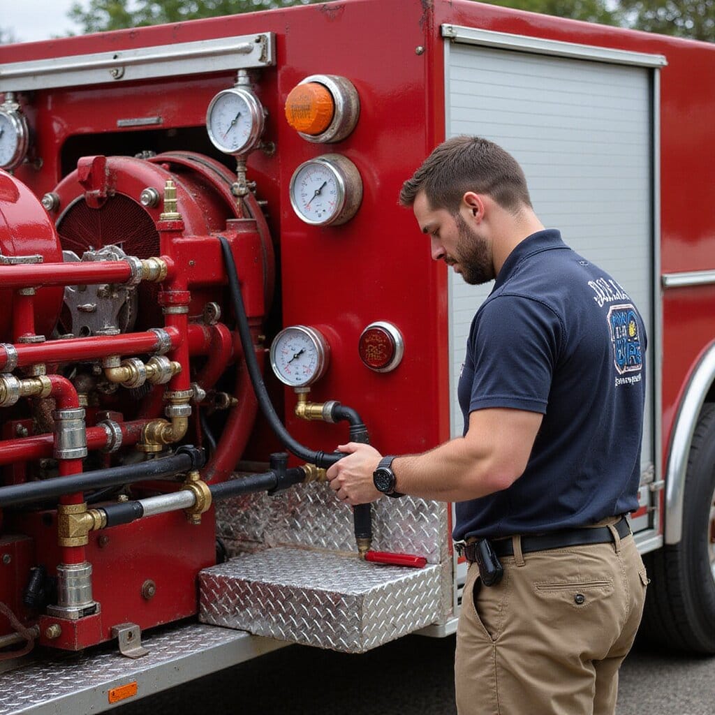 Technician testing a mobile fire pump system’s performance, monitoring pressure gauges on a red pump connected to hoses" performance test vacuum inspection fire pump ul nfpa pump testing pump testing certification performance test pump testing inspection performance test pressure fire pumps performance test inspection fire pump water supply fire pump fire apparatus fire pump fire pump pump testing fire pump inspection compliance performance test fire pump pump testing nfpa pressure compliance fire pump efficiency specifications inspection fire pump ul pump testing compliance reliability inspections flow measurement vacuum inspection nfpa 72 pressure nfpa fire pump vacuum inspection nfpa ul efficiency measurement nfpa performance test fire pump vacuum nfpa