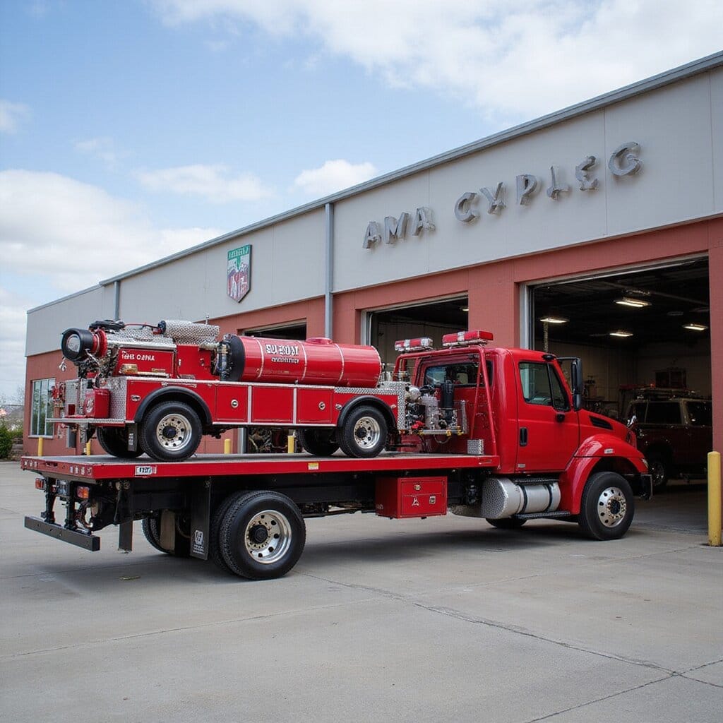 A red flatbed truck arriving at a fire station, delivering a mobile fire pump system for emergency response. gpm pumps tank gpm wheel cart hose gpm pump gpm nozzles engine gpm tank gpm portable fire pump fire pump cart diesel wheel nozzles portable fire pump pumper pumps cart hoses gpm engine water pump chassis gpm portable fire pumps gpm gas gpm tank pumps portable fire pump pumps gpm pumps wheel gas nozzles gpm engine pumps gpm gpm gas cart pump cart nozzles pumps pumps chassis suction hose pumps tank gpm