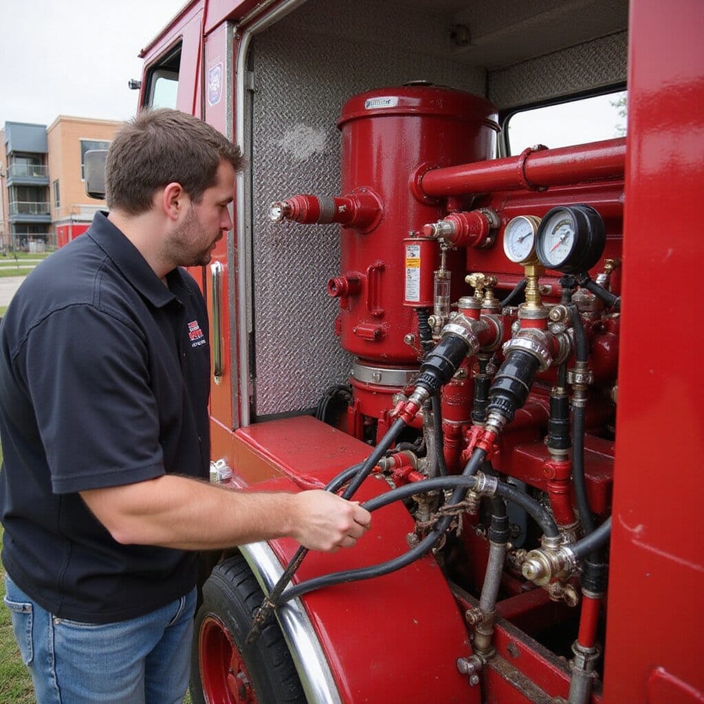 A technician performing load testing on a red mobile fire pump system, monitoring water flow and pressure gauges on connected hoses. pump testing diesel regulations fire pump fire pump pump testing butterfly valves inspection fire pump fire pump inspection butterfly valves pump testing diesel inspection fire pump nozzle pump testing fire pump fire pump measurement regulations inspection pump testing nfpa frequency maintenance nozzle fire pump ul ul fire pump fire pump inspection inspection nozzle certification fire pump fire hose fire pump nozzle inspection pump testing fire pumps fire pump pulse non-compliance pump testing