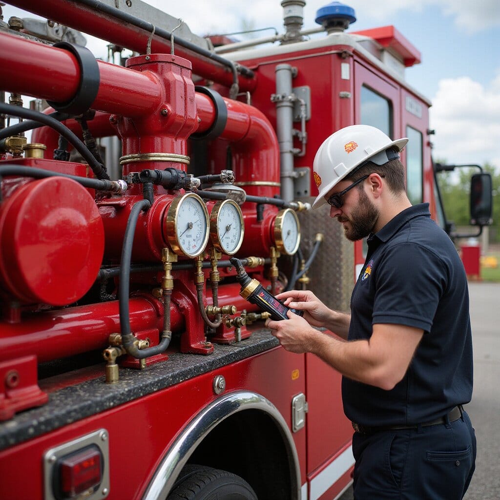 Technician testing a red mobile fire pump system’s performance by reading pressure gauges on connected hoses. pump testing fire pumps pump testing fire pump vacuum efficiency pump testing certification fire pump fire pump pump testing compliance reliability fire pump inspection compliance performance test nfpa inspection fire pump product certification fire apparatus nfpa pump testing reliability pump testing performance testing vacuum pump testing measurement nfpa nfpa inspection inspection inspection fire pump water supply certification vacuum inspection pressure fire pumps efficiency fire pump fire pump performance testing inspection fire pumps performance test pressure relief valves vacuum pump testing nfpa pump testing nfpa pump testing nfpa fire apparatus nfpa pump testing pump testing