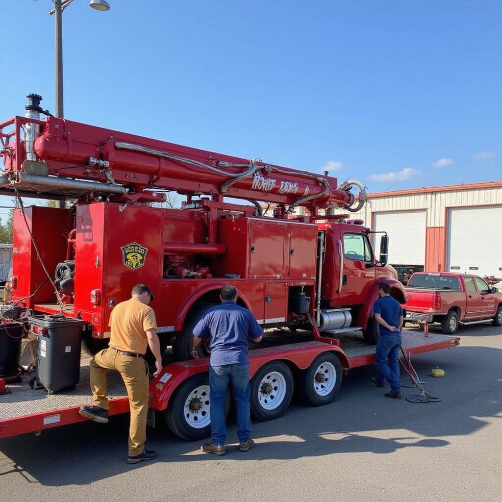 Technicians loading a mobile fire pump onto a trailer for rapid 24-hour emergency deployment. foam fire pump trailers performance test demobilization performance test engine fire pump diameter dispatch foam mobilization mobilization portable fire pumps diameter hose foam foam mobilization fire pump pressure valves hose hose fire pump fire pumps hose dispatch fire pump fire pump fire pump foam foam engine hose dispatch