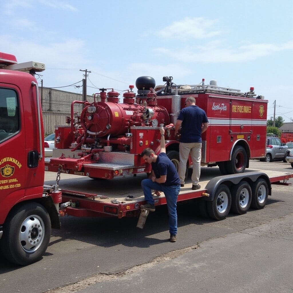 Technicians loading a mobile fire pump system onto a trailer, gearing up for rapid emergency deployment within 24 hours. portable fire pump fire pump mobilization fire pump hose hose fire pump foam foam mobilization mobilization mobilization foam portable fire pumps foam gas foam mobilization foam fire pumps mobilization foam fire pump fire pump fire pump hose pressure fire pump fire pump fire pump fire pump foam gas performance test fire pump fire pump fire pump demobilization mobilization diameter