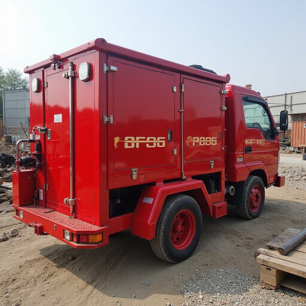 Portable temporary fire pump rental unit on a construction site, with hoses laid out and ready to provide emergency water supply. emergency fire pump rentals