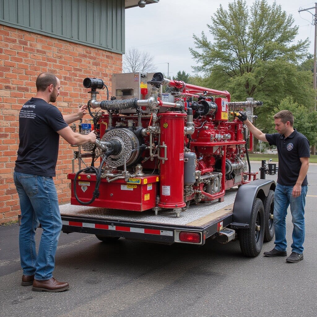 Technicians loading a mobile fire pump onto a trailer, preparing it for 24-hour rapid emergency deployment. foam foam foam foam hose foam pressure fire pump diesel hose fire pump dispatch dispatch hose demobilization diesel water tank portable fire pumps diesel valves water tank foam diameter fire pump foam gas diesel engine diesel foam foam mobilization diameter foam foam mobilization engine hose dispatch fire pump