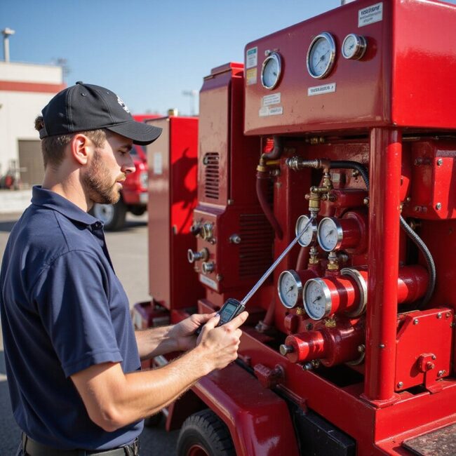 “Technician performing load testing on a red mobile fire pump, monitoring water flow and pressure gauges on the connected hoses.” inspection pump testing fire pumps regulations fire pump ul regulations fire hose nozzle fire pump regulations fire pump nozzle inspections inspection pump testing fire pump nfpa fire pumps inspection pump testing pump testing pump testing pump testing fire pump pump testing inspections ul fire pump butterfly valves inspection maintenance ul regulations pump testing pump testing pump testing inspection fire pump butterfly valves fire pump certification non-compliance nfpa pump testing inspections fire pump maintenance