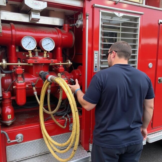 A technician performing load testing on a red mobile fire pump system, monitoring water flow and pressure gauges on the connected hoses. ul ul fire pump pump testing ul pump testing engines nfpa pump testing nozzle pump testing pump testing inspection pump testing certification inspection nozzle fire pumps inspection inspections maintenance nozzle fire pump pump testing pump testing pump testing fire pumps nfpa diesel nfpa pump testing pump testing engines fire pump pump testing fire pumps diesel ul inspection fire pump fire pump pump testing diesel pump testing inspections fire hose nfpa fire pump