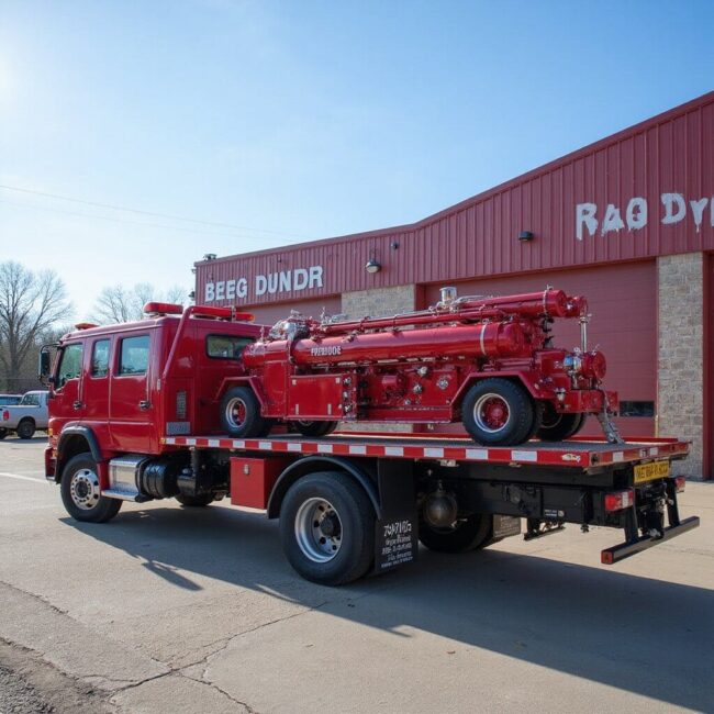 A red flatbed truck delivering a mobile fire pump system to a fire station for emergency response. pumper pumps gpm water pump pump tires hoses fire hoses hose pressure pumps gas cart water supply tank gpm pumps pumps gas diesel pump gpm gpm centrifugal pump fire pump pumper tank gpm hoses tank portable fire pumps pump gas fire pump gpm gas gpm gpm gpm fire hose tank gpm cart nozzles gpm gpm pressure gpm gpm gas tires tires fire pump cart chassis engine diesel pumper tank gasoline gpm